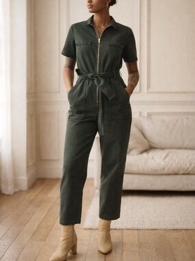 Rita Row Green Lis Denim Jumpsuit Zip Front Utility Belted Romper Chic